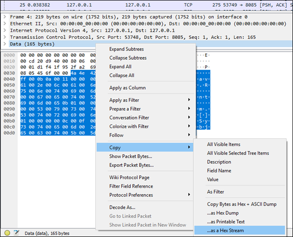 Copying packet data as a hex stream in Wireshark.