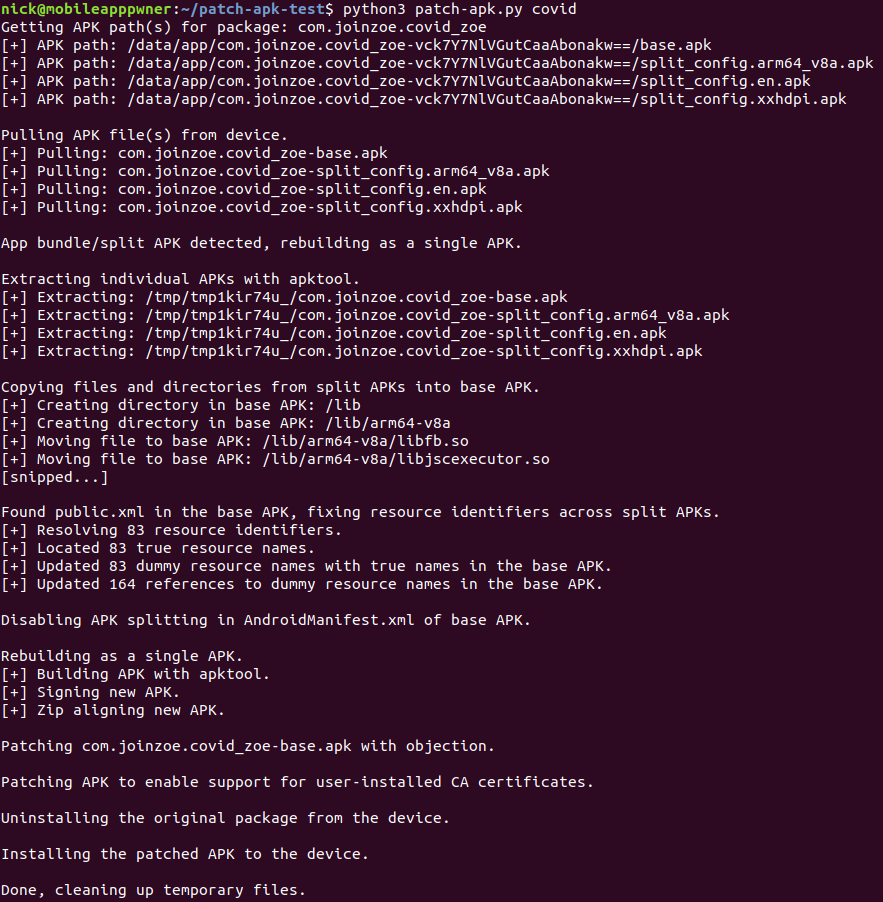 Automating patching of split APKs using patch-apk.py.