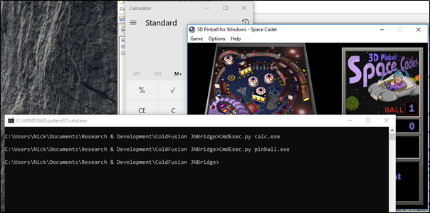 Calling exec with calc.exe and pinball.exe.