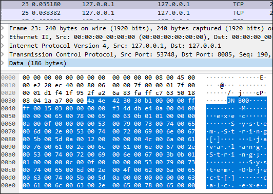 Packet containing the call to exec().